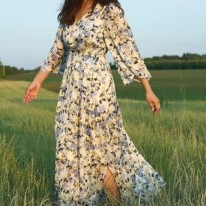 KAFFE, BLUE, GOLD, BLACK IVORY, FLORAL MAXI EVA DRESS SIZE S, NWT